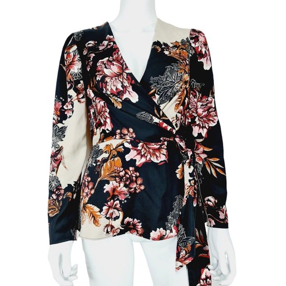 River Island Tops - River Island Black Floral Long Sleeve Faux Wrap Top UK 8 V-Neck